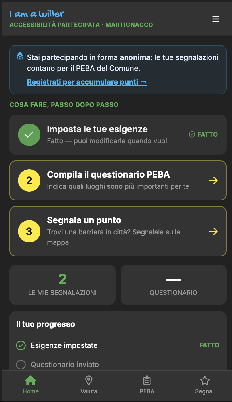 Schermata home della webapp «I am a Willer», sezione Accessibilità Partecipata Martignacco