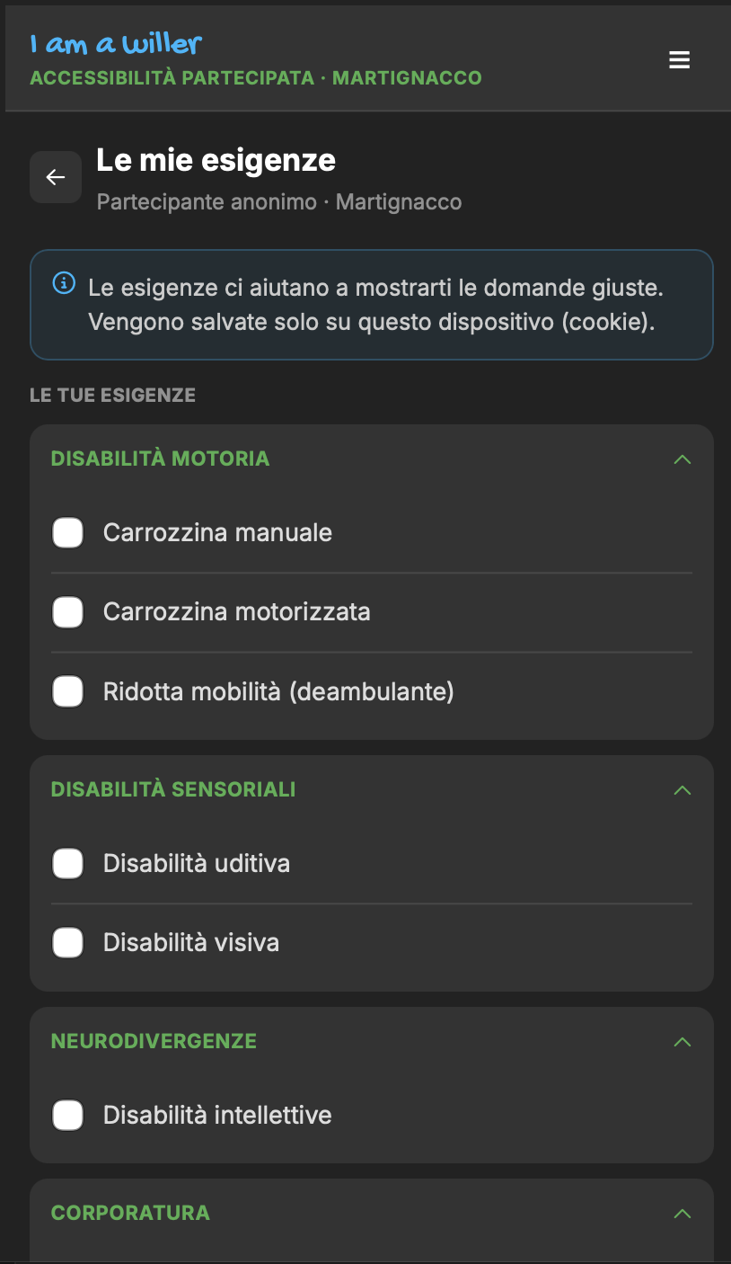 Schermata «Le mie esigenze» della webapp