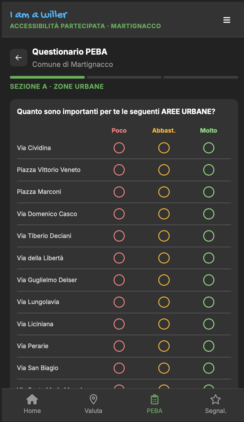 Schermata del Questionario PEBA, sezione zone urbane