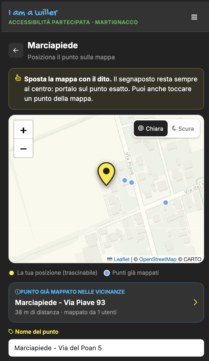 Schermata di posizionamento di un punto sulla mappa