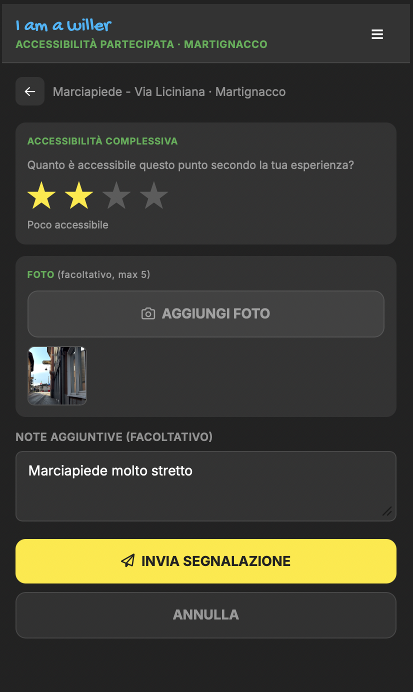 Schermata di valutazione di un marciapiede con stelle, foto e invio della segnalazione