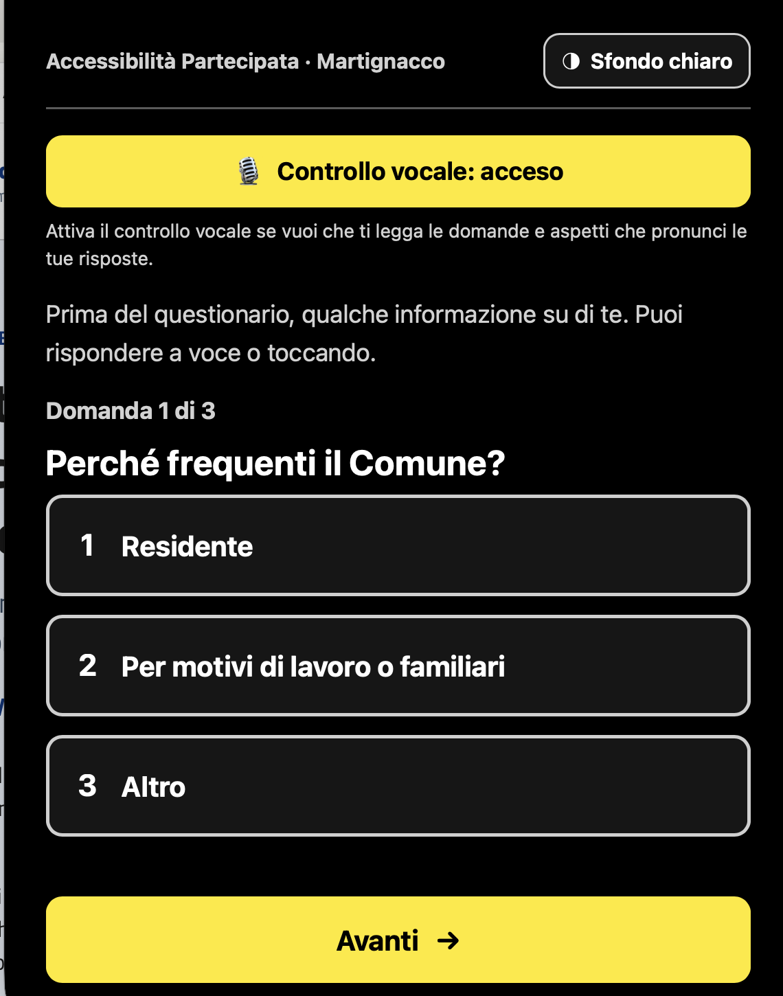 Schermata Versione facile: una domanda alla volta con controllo vocale attivo